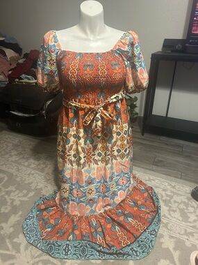 Parami Design Boho Smocked Puff-Sleeve Maxi Dress in Orange Multi NWT  Sz L